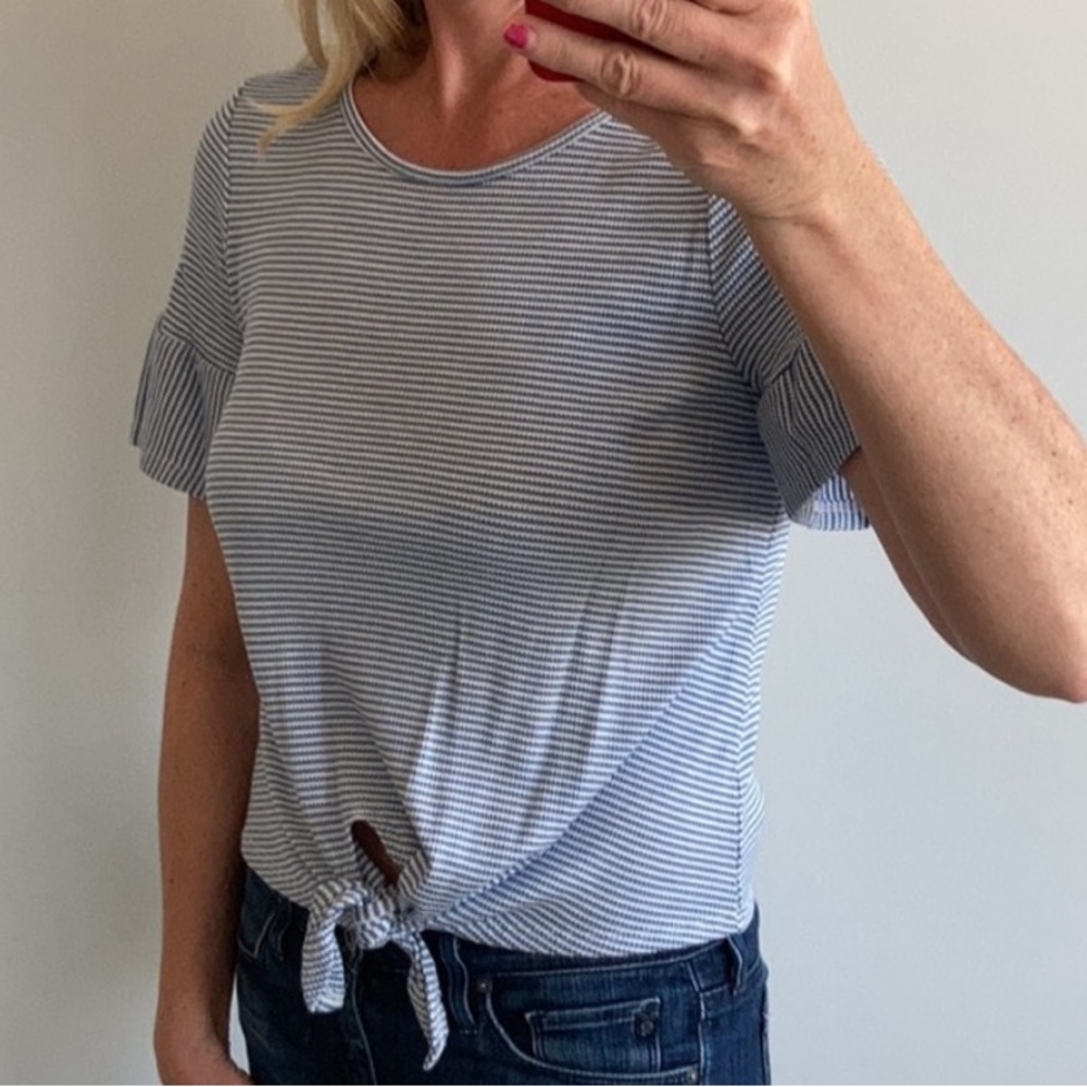Blue & White Stripe Ruffle Sleeve Top - Picture 4 of 10